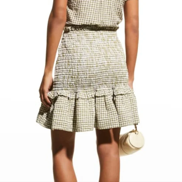 Veronica Beard Aloya Smocked Seersucker Ruffle Skirt Olive White Sz XL NWT